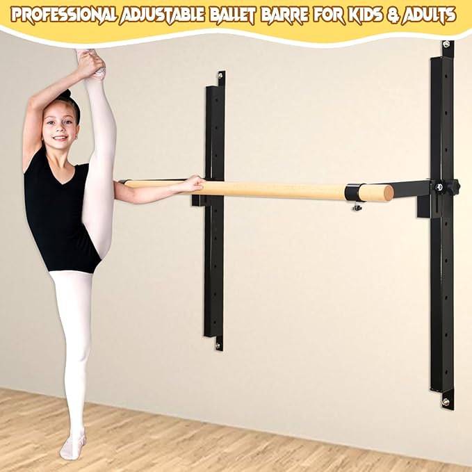 Wall Mounted Ballet Barre Adjustable Ballet Bar Foldable Dance Bar-Fully Adjustable -Solid Beech Wood Bar,Ballet workout Fitness Equipment Pull Up Stretch Never move