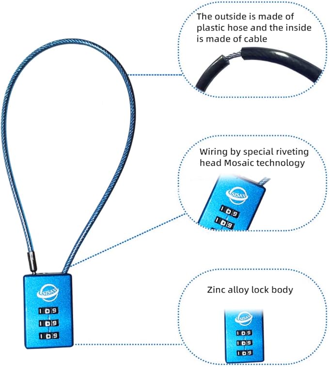 3 Digit Cable Combination Lock 12 inches Cable for School Gym Locker,Filing Cabinets,Helmet,Toolbox,Luggage Suitcase,knapsack,Blue 2Pack