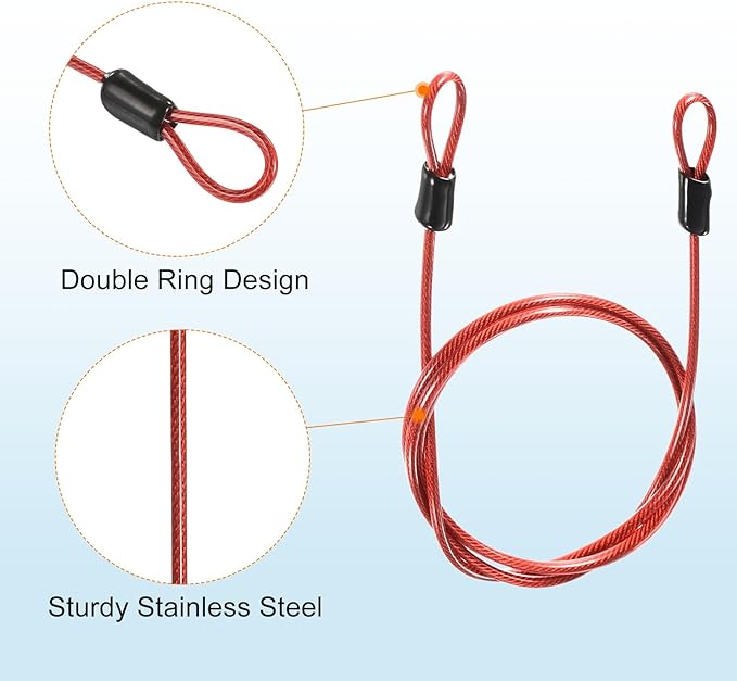 MECCANIXITY Security Steel Cable Lock, Safety Cable Flexible Wire Rope Luggage Lock 3.3feet 2.5mm Vinyl Coated Braided Steel with Double Loop for Bike Bicycle U-Lock Padlock Red