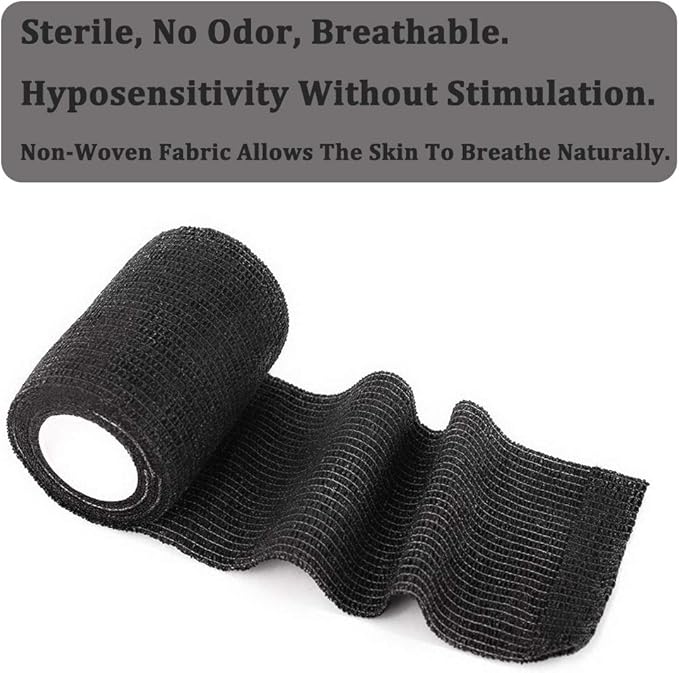 12 Rolls Elastic Self Adhesive Bandage Wrap 3 Inch, Breathable Non Woven Cohesive Bandage, Vet Wrap for Dogs, Ankle Sprains Swelling Medical First Aid Tape, Sports Athletic Tape Black