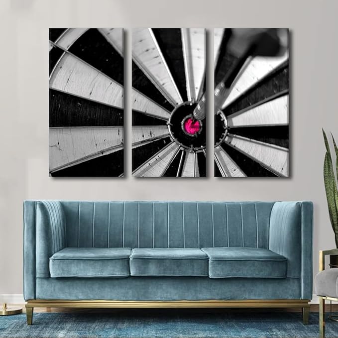 3 Piece Black and White Wall Art Dart Hits the Bullseye Poster Sports Theme Artwork Motivational Wall Art Canvas Wall Art Wall Decor for BedroomDart Target Wall Art Framed Ready to Hang(40"Wx60"H)