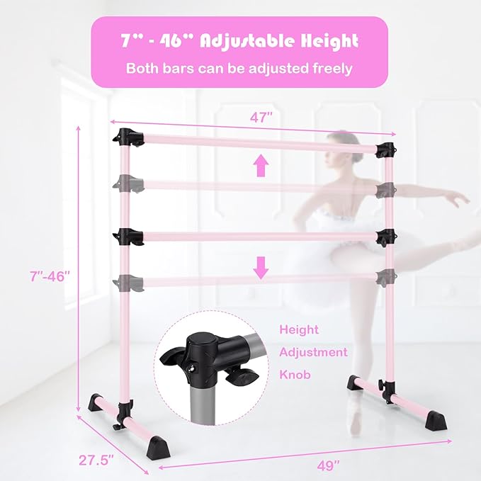 Costzon Portable Ballet Barre, 4FT Adjustable Double Freestanding Ballet Bar w/Anti-Skid Pad, Stable Base, Heavy-Duty Dancing Stretching Bar for Home, Fitness, Ballet