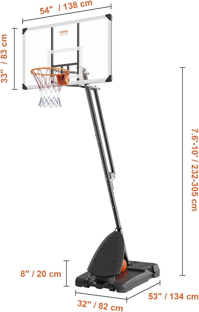VEVOR Basketball Hoop/Rim, Adjustable Height Portable Backboard Court, Basketball Goal, Mobile Stand with Wheels Weighted Base, Youth&Adults, Outdoor/Indoor