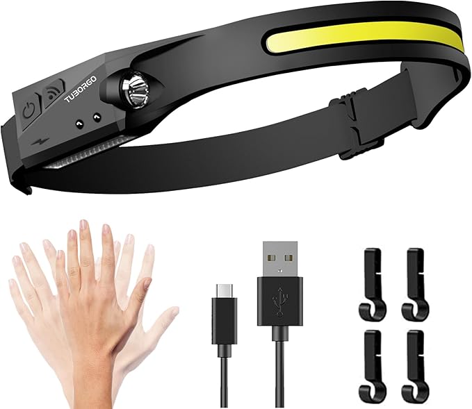 LED Headlamp, Rechargeable Flashlight for Adults, 230 Wide Beam Headlight, Motion Sensor Head Lamp, Adjustable Headband Outdoor Waterproof Head Light for Running