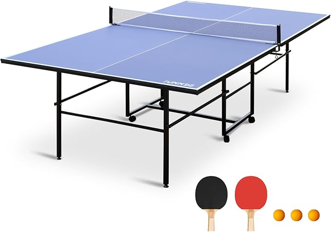 Folding Rolling Table Tennis Table Regulation Ping Pong Table with 2 Paddles 2 Balls 1 Net and Post Set Fold-Up Design 4 Wheels for Easy Movement, BLUE