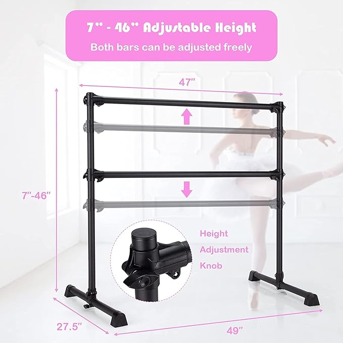 Costzon Portable Ballet Barre, 4FT Adjustable Double Freestanding Ballet Bar w/Anti-Skid Pad, Stable Base, Heavy-Duty Dancing Stretching Bar for Home, Fitness, Ballet