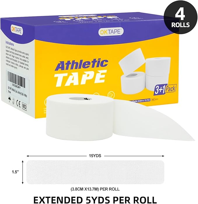 OK TAPE Athletic Sports Tape（4 Packs) - 45ft Per Roll Very Strong Tape for Athlete & Sport Trainers & First Aid Injury Wrap, Perfect for Fingers Ankles Wrist on Bat, Hockey Stick - Black