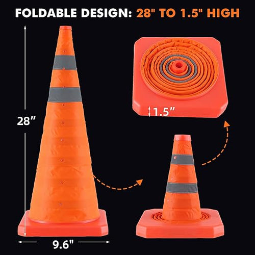 28 Inch 4 Pack Collapsible Traffic Safety Cones, Orange Cones with Reflective Collar, Portable Multipurpose Traffic Cones for Parking Construction Driving Training Sports Practice