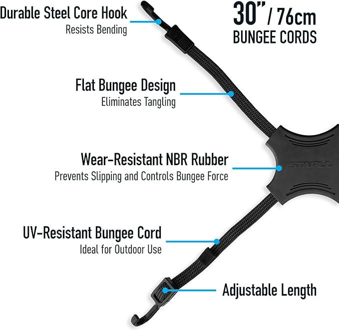 Tack Strap – 4-Way Flat Bungee Cord with Rubber Pad Grip, Non-Slip Tie Down Straps for Motorcycle, ATV, Kayak, Cycling, Camping, Truck Storage, Adjustable Bungee Cords - 2 Pack (Blue)