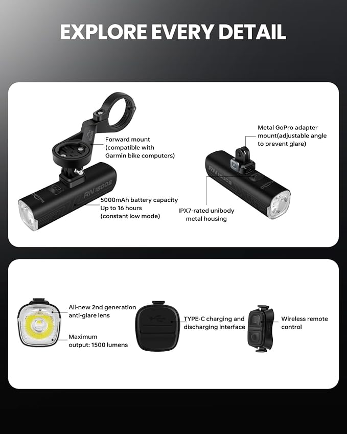 Magicshine Bike Light RN 1500S, Bicycle Lights for Night Riding with Underneath Mounted, FTR LightSync Control, USB Rechargeable, Bike Light Front and Back for Road Mountain Cycling