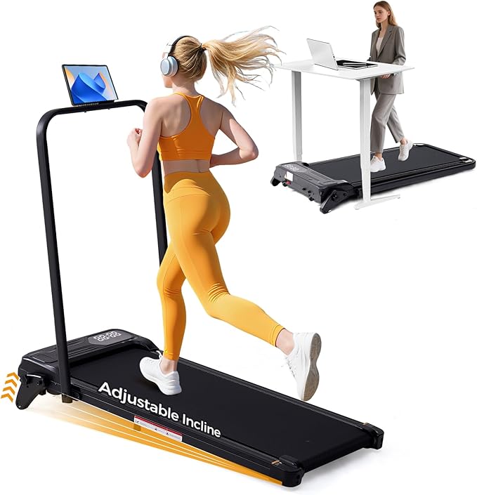 Portable Foldable Walking Pad with Handle Bar and Adjustable Incline, Under Desk Walking Pads Treadmill with Incline and Handles, 3.5HP Folding Electric Treadmills for Home Small, 0.6-7.6MPH, 350LBS