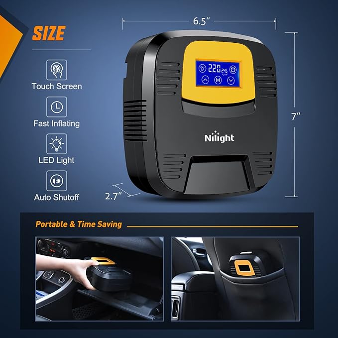 Nilight Tire Inflator Air Compressor Portable Pump for 12V DC Car Tires with Digital Pressure Gauge 150PSI Auto LED Light Cars ATVs Bicycles