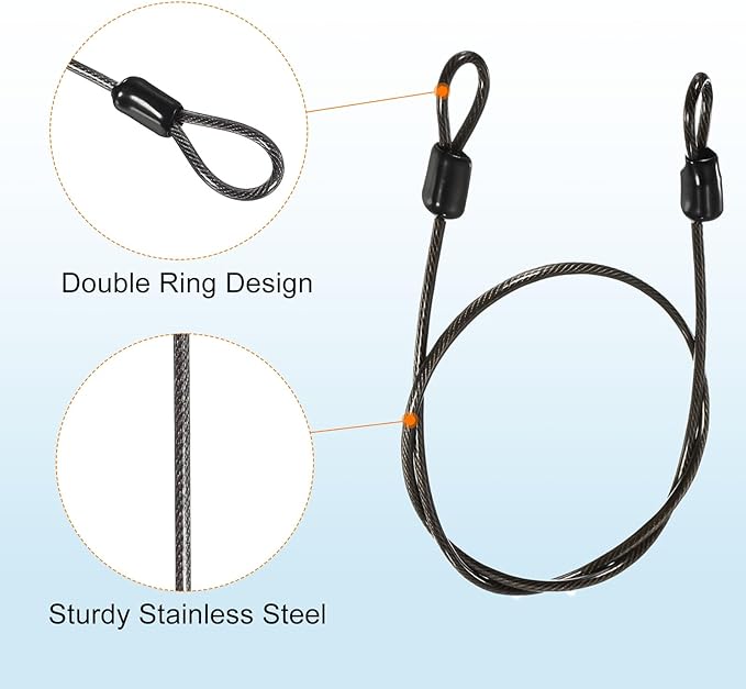 MECCANIXITY Security Steel Cable Lock, Safety Cable Flexible Wire Rope Luggage Lock 1.6feet 2.5mm Vinyl Coated Braided Steel with Double Loop for Bike Bicycle U-Lock Padlock Grey