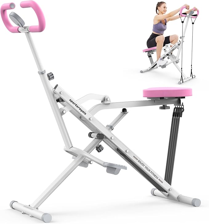 Sportsroyals Pink Squat Machine Rowing Machine for Home 2 in 1 Rower & Squat Assist Workout Foldable Rower for Home Full Body Worikout Adjustable 4 Resistance Bands 330lbs