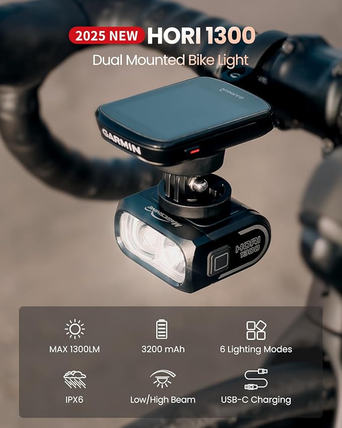 Magicshine Hori 1300 Bike Lights for Night Riding, High and Low Beam, USB-C Rechargeable Bike Headlight, IPX 6 Waterproof Bike Front Light for Road Urban Cyclists-1300 lumens