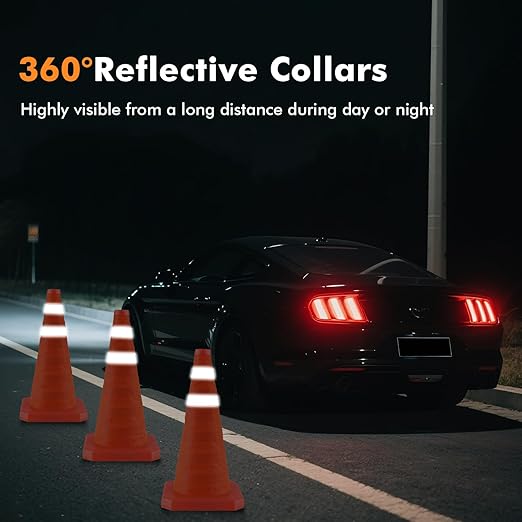 18 Inch 5 Pack Collapsible Traffic Safety Cones, Orange Cones with Reflective Collar, Portable Multipurpose Traffic Cones for Parking Construction Driving Training Sports Practice