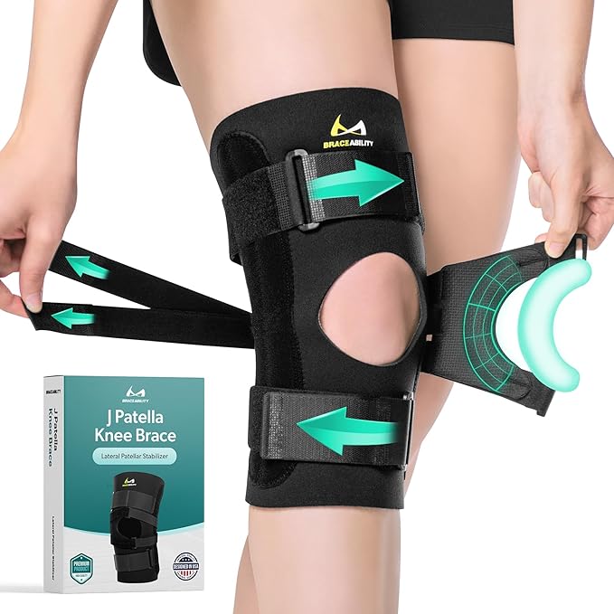 BraceAbility J Patella Knee Brace - Lateral Patellar Stabilizer with Medial and J-Lat Support Straps for Dislocation, Subluxation, Patellofemoral Pain, Left or Right Kneecap Tracking (4XL)
