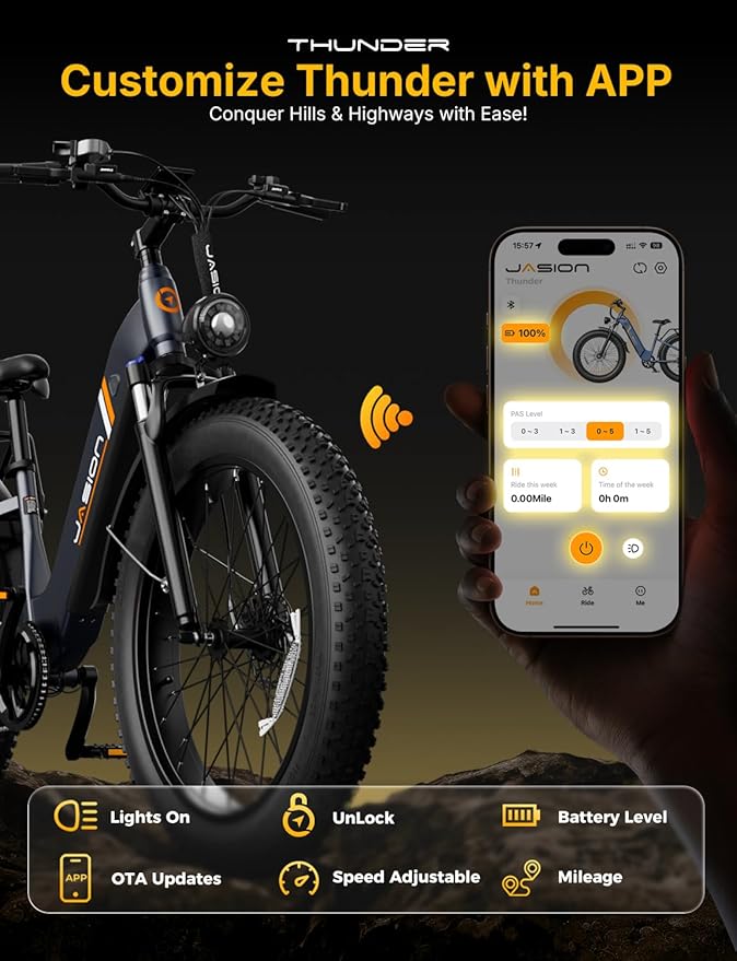Jasion Thunder Electric Bike, 1500W Peak Motor, 30+MPH Max Speed & 80 Miles with 486Wh Removable Battery, APP Control Ebike for Adults, Hydraulic Brakes, Front Suspension, 26'' x 4'' Fat Tire Bicycles