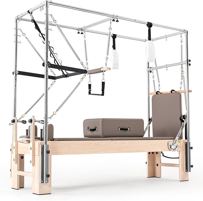 Pilates Reformer with Half Trapeze – Maple Wood Frame, Adjustable Resistance & Half Trapeze for Home Gym, Core Strength, Flexibility & Full-Body Workouts, Mocha