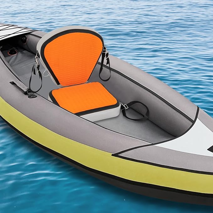 Inflatable Kayak Seat, Universal Paddle Board Seat, Thicken Seat Cushion for Kayak with Foldable Back Support Adjustable Back Strap for Sit On Top Kayaks Canoes Fishing Boats 17.7*18.8*17.7in (Orange)