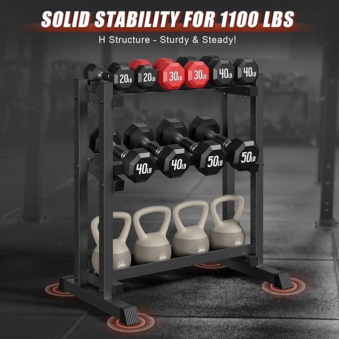 3-Tier Dumbbell Rack, 1100LB Capacity Adjustable Weight Rack for Home Gym, Heavy-Duty Weight Stand for Dumbbells Kettlebells & Weight Plates(Rack Only)