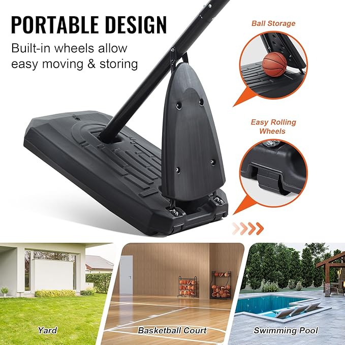 VEVOR Basketball Hoop/Rim, Adjustable Height Portable Backboard Court, Basketball Goal, Mobile Stand with Wheels Weighted Base, Youth&Adults, Outdoor/Indoor