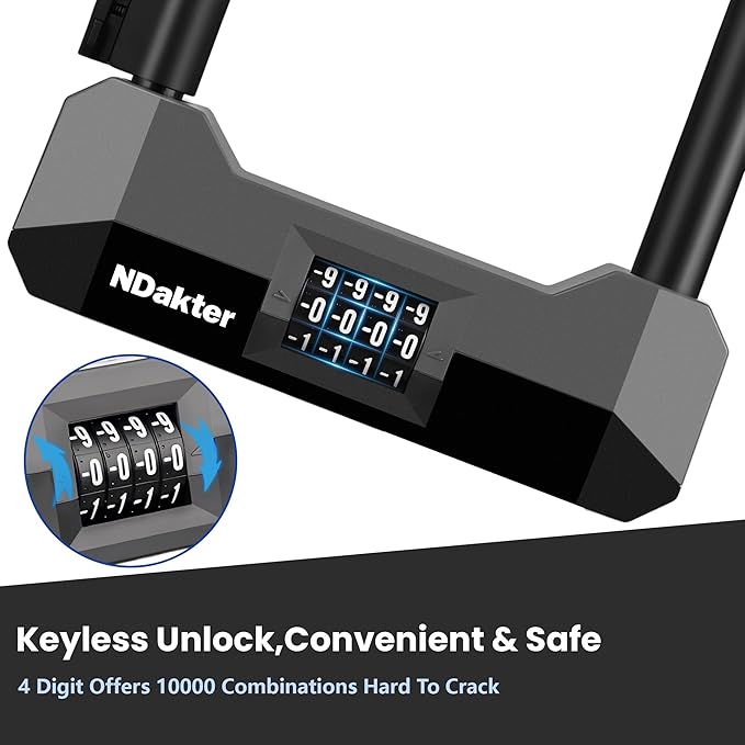 NDakter Bike Locks Heavy Duty Anti Theft，18mm Bicycle Combo U Lock with 5FT Cable, 4-Digit Resettable Combination Electric Scooter Lock with 2Keys and Bracket for Tricycle, Moped, Motorcycle(Gray)