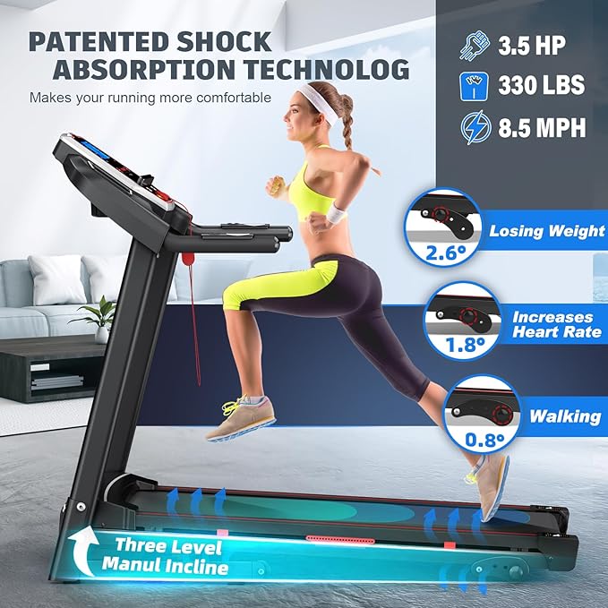 Treadmills for Home Walking Pad Treadmill Folding Treadmill with Incline 3.5HP Quiet Brushless, Running Machine 330 Lbs Capacity, App, Pulse Sensor Heart Rate with LCD Display Holder for Cup & Phone
