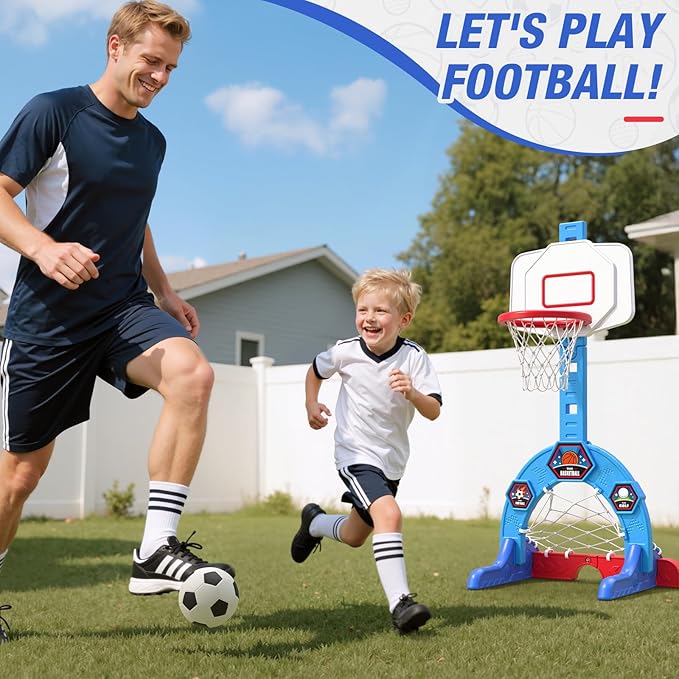 Toddler Basketball Hoop, 3-in-1 Sports Activity Center with Soccer Goal, Golf Game, 5 Height Adjustable Kids Basketball Hoop, Indoor Outdoor Playset Toys Gifts for Boys Girls 3-5, Blue