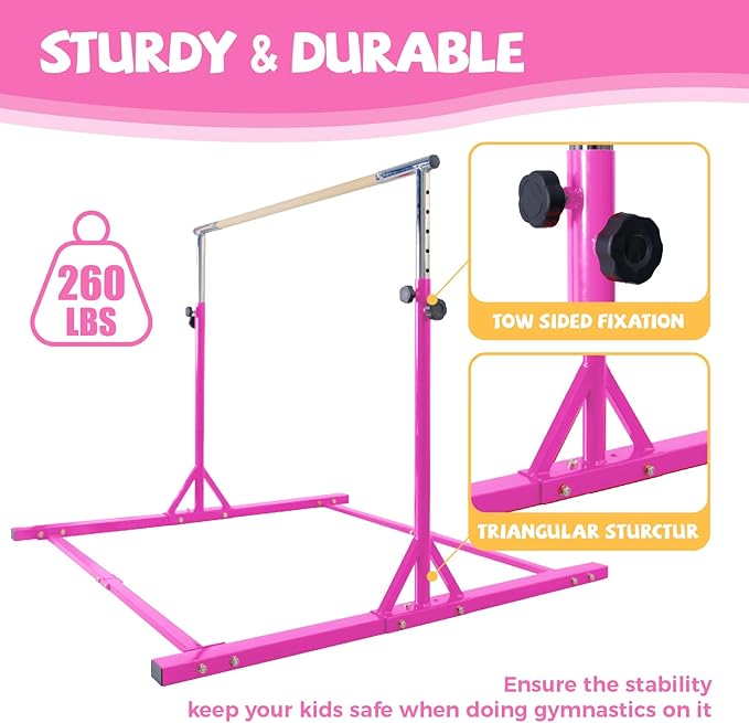 Kangaroo Hoppers Gymnastics Bar with Mat for Kids 3-15, Adjustable 35.4"-57.1" Gymnastics Horizontal Bars with Steel Frame at Home/Indoor Training, 260LBS (Pink)
