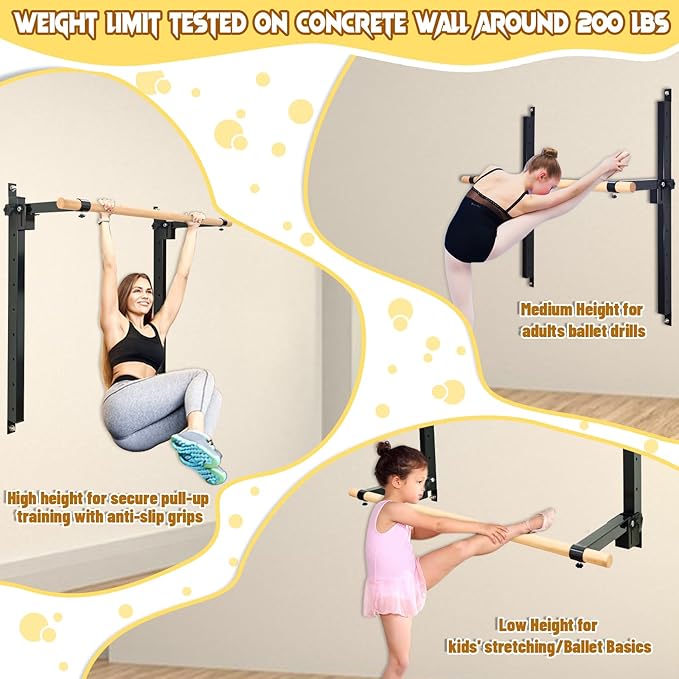Wall Mounted Ballet Barre Adjustable Ballet Bar Foldable Dance Bar-Fully Adjustable -Solid Beech Wood Bar,Ballet workout Fitness Equipment Pull Up Stretch Never move