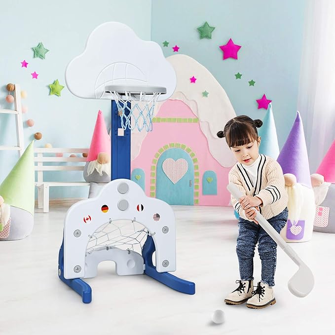 Costzon Kids Basketball Hoop, Toddler Sports Activity Center w/ 5 Adjustable Height Levels, Basketball Soccer Golf Game Set, Indoor Outdoor Basketball Hoop Set Gift for Baby Infant