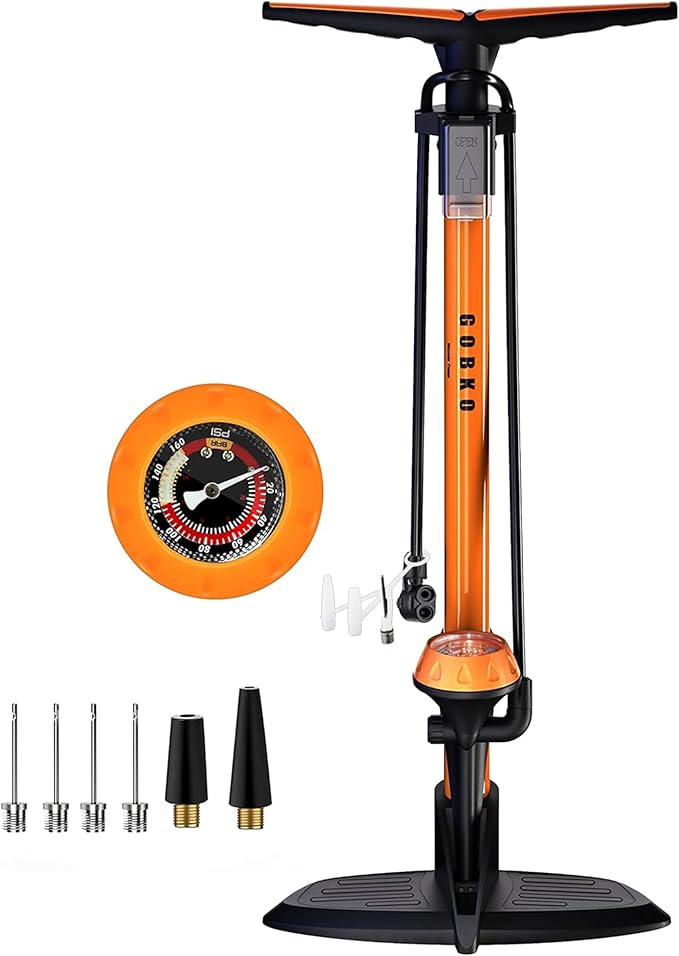 GOBKO Bike Pump with Gauge,Bicycle Floor Pump for Presta and Schrader Valves Bike Tire Pumps Inflator High Pressure 160PSI & 11BAR Portable Air Pump for Road Bike Car MTB Sports Balls