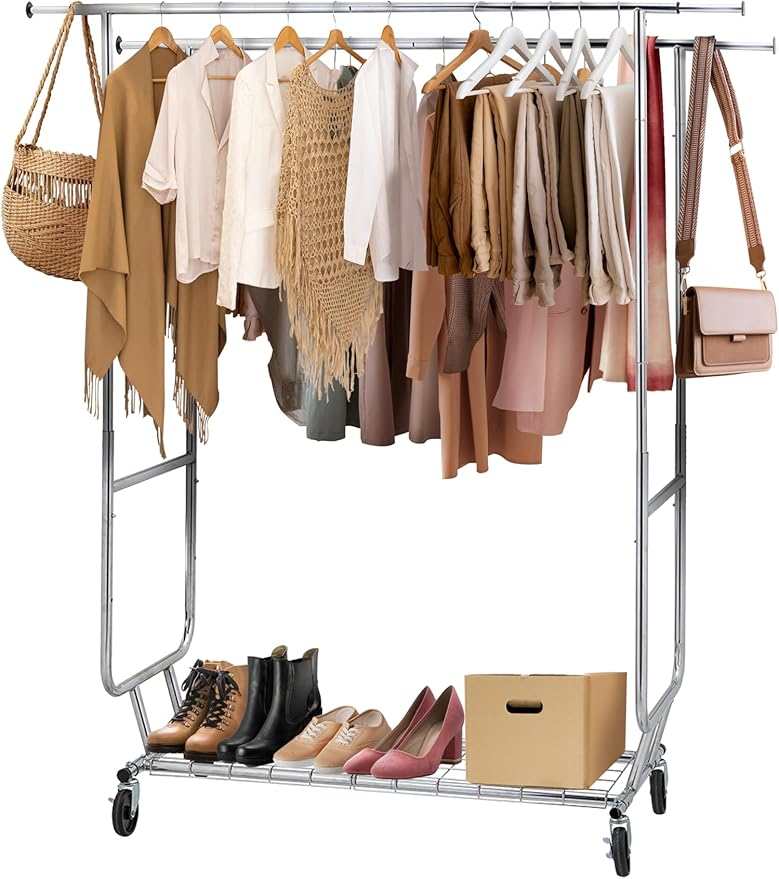 ikloo Double Rods Adjustable Clothes Rack Load 650 LBS, Heavy Duty Metal Clothing Rack with Wheels & Shelves, Portable Closet Organizer for hanging clothes, Rolling Clothes Drying Rack, Chrome