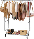 ikloo Double Rods Adjustable Clothes Rack Load 650 LBS, Heavy Duty Metal Clothing Rack with Wheels & Shelves, Portable Closet Organizer for hanging clothes, Rolling Clothes Drying Rack, Chrome