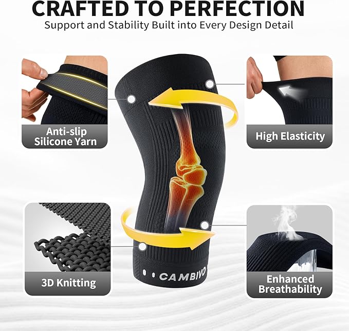 CAMBIVO Elite Motion Series Knee Brace for Women and Men (2 Pack), Ultra-Thin Lightweight Knee Compression Sleeve with Reflective Design for Pain Relief, Running, Workouts, Daily Use (Black, Large)