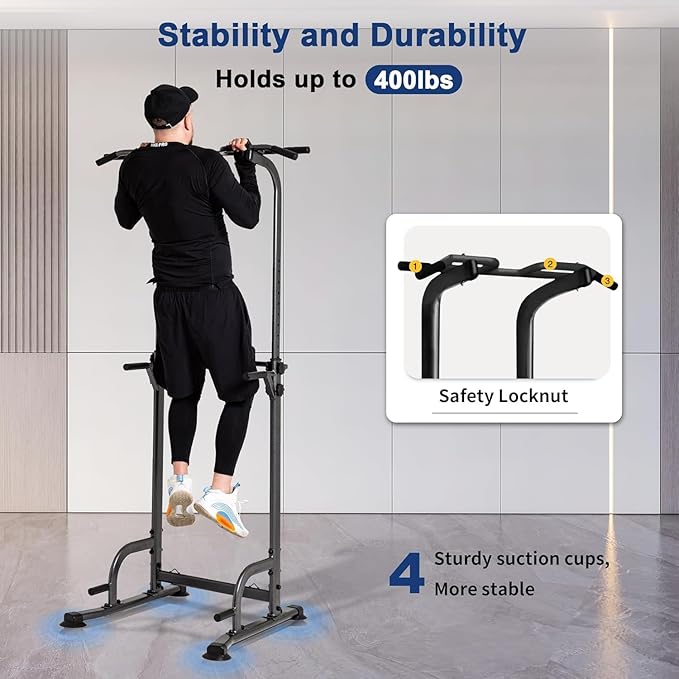 BARWING Pull Up Bar Station, Power Tower, Dip Station with 3D Backrest, Multi-Function Strength Training Stand Rack, Adjustable Height Dip Bar for Home Gym Workout Stand Fitness Exercise Equipment