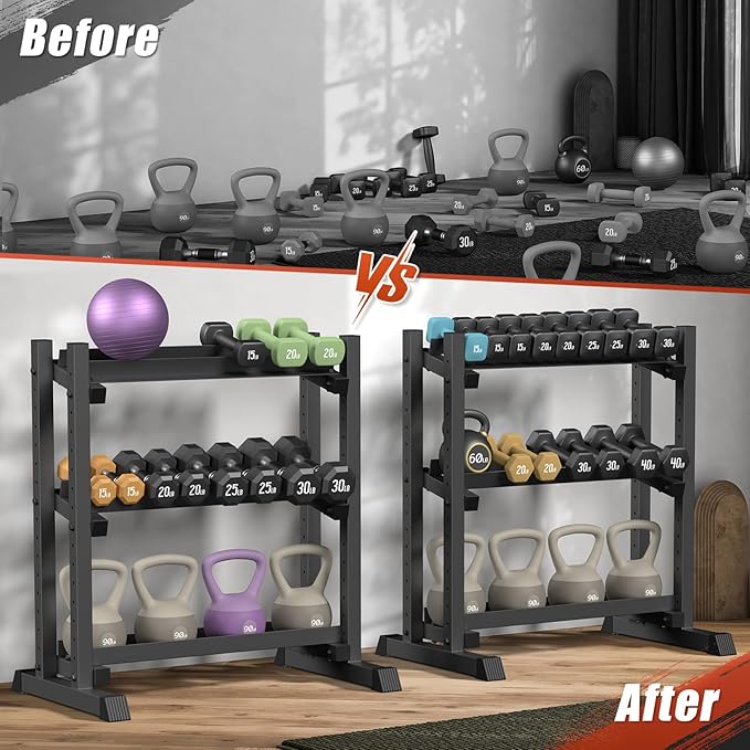 3-Tier Dumbbell Rack, 1100LB Capacity Adjustable Weight Rack for Home Gym, Heavy-Duty Weight Stand for Dumbbells Kettlebells & Weight Plates(Rack Only)