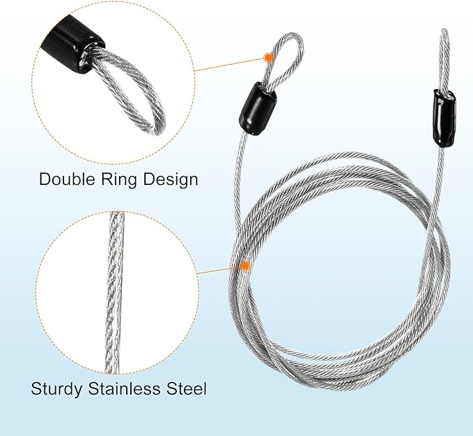 MECCANIXITY Security Steel Cable Lock, Safety Cable Flexible Wire Rope Luggage Lock 6.5feet 2.5mm Vinyl Coated Braided Steel with Double Loop for Bike Bicycle U-Lock Padlock Transparent