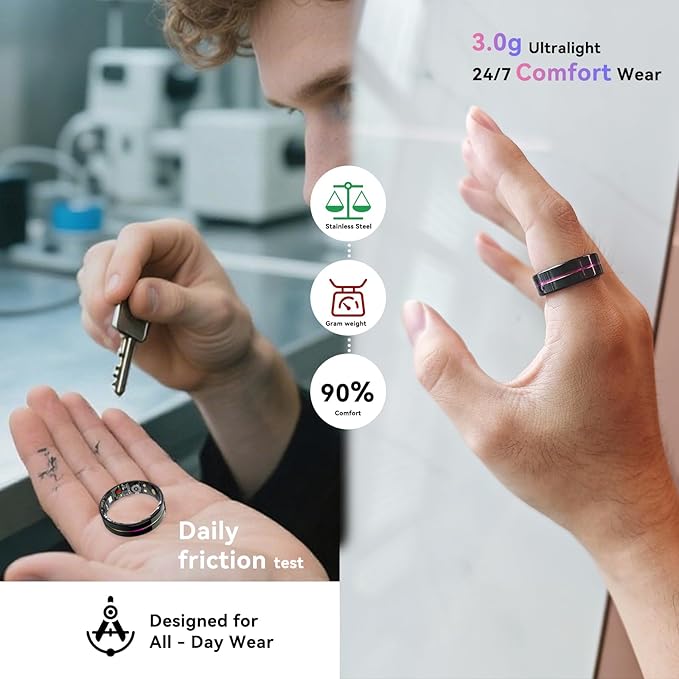 Smart Ring for Women Men,Health Fitness Tracker with Sleep/Blood Pressure/Oxygen Monitoring, Heart Rate & Activity Tracking,IP68 Waterproof, 7-Day Battery,No Subscription Fee 3-Black 13
