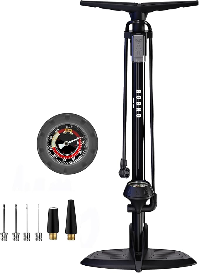 GOBKO Bike Pump with Gauge,Bicycle Floor Pump for Presta and Schrader Valves Bike Tire Pumps Inflator High Pressure 160PSI & 11BAR Portable Air Pump for Road Bike Car MTB Sports Balls