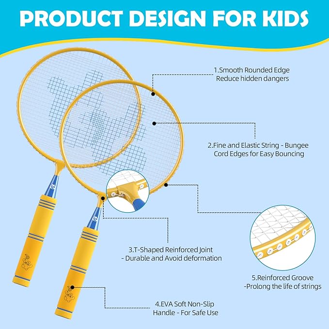 JOY SPOT! Kids Badminton Rackets Set with Soft Grip, Oversize & Lightweight Shuttlecocks Racquet with Carry Bag for Children Youth, 2 Player Sport Game for Indoor Outdoor Backyard