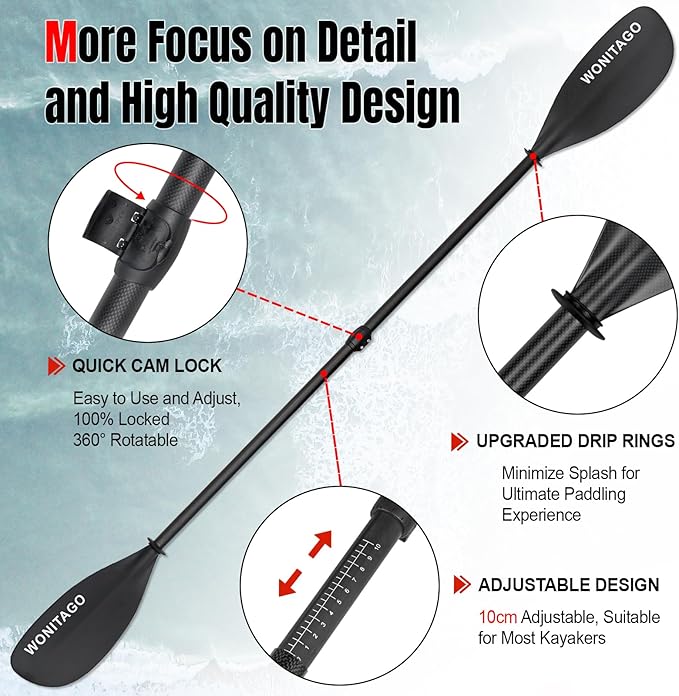 Full Carbon Fiber Kayak Paddle with Large Paddle Blade, 2-Piece, Floating Adjustable Kayak Paddles with Paddle Bag, 215-225 cm/85-89 Inches