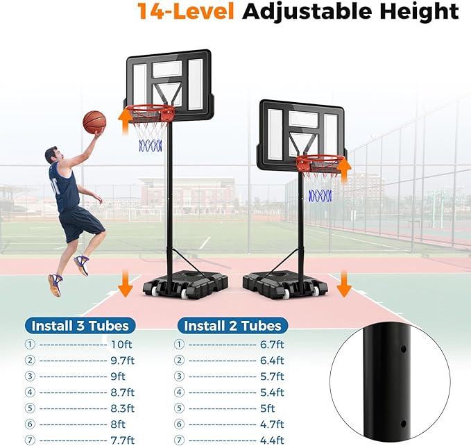 Goplus Portable Basketball Hoop, 10FT Height Adjustable Basketball Goal w/44‘’ Shatterproof Backboard, Outdoor Basketball Stand for Adults Backyard Driveway