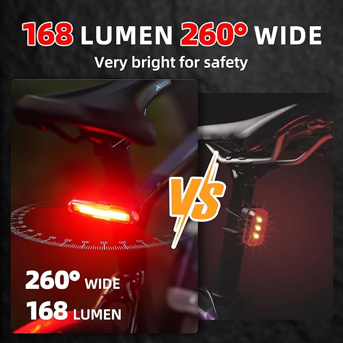 Canway Bicycle Rear Light Red/Blue, Bike Tail Light Rechargeable 168 Lumens Bike Tail Light Battery USB C 500mah Turn Signals 5 Modes Waterproof Safety for Road Mountain Night Riding