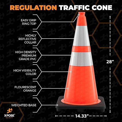 Xpose Safety 28 Inch Orange Traffic Cones with 6" & 4" Collars, 4-Pack - Multipurpose PVC Plastic Safety Cone for Parking, Soccer, Caution, Kids and Construction - DOT Approved