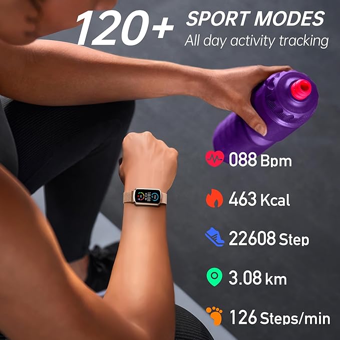 Health Fitness Tracker with 24/7 Heart Rate, Smart Watch with Blood Pressure and Blood Oxygen Monitor, Bulit-in 120+ Sport Mode, Sleep Tracking Waterproof Activity Tracker for Women Men (Pink Gold)