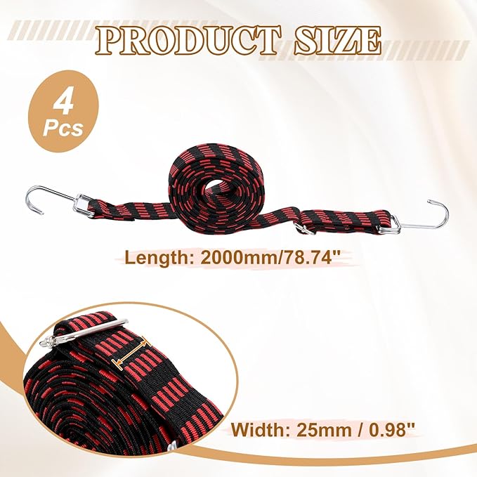 uxcell 4Pcs Adjustable Bungee Cords with Hooks, 79 Inch Flat Heavy Duty Elasticity Straps Rubber Bungee Cords with Buckle for Outdoor, Camping, Tarp, Bike Rack, Luggage, Black Red