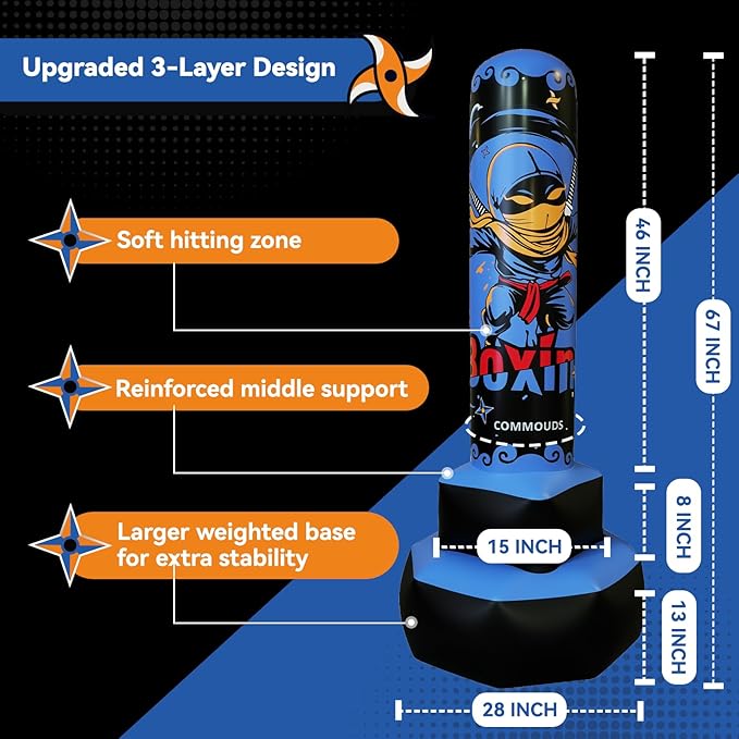 COMMOUDS 67inch Punching Bag for Kids, Inflatable Kids Boxing Set with Gloves, Fast Rebound Punching Bag for Practicing Karate, Taekwondo, MMA, Christmas/Birthday Gift for Boys Girls, Ages 6-14