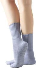 Yoga Pilates Socks with Grips for Women Non Slip Solid Colored Fleece Cushioned Mid Calf Crew Socks for Barre Ballet Dance